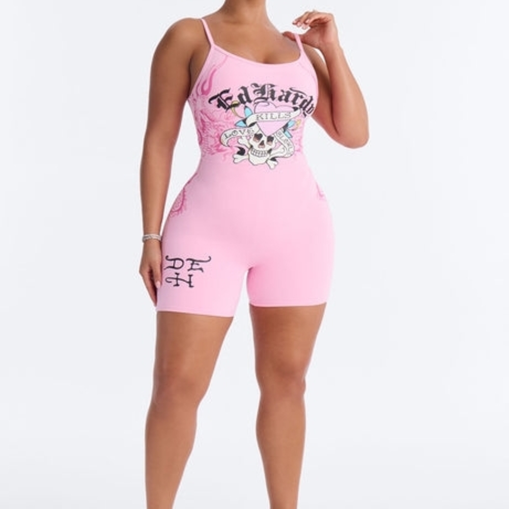 Ed Hardy Pink Skull Graphic Sleeveless Romper - Picture 2 of 12